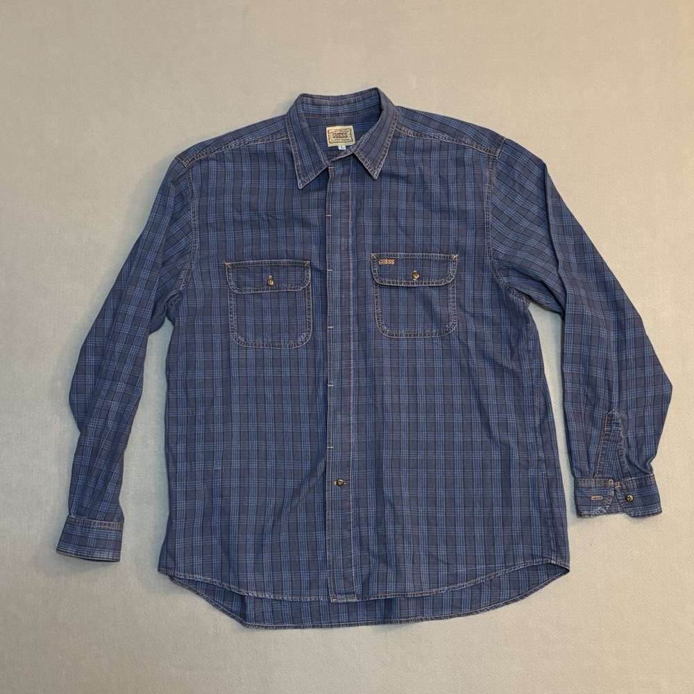 VTG Guess By Georges‎ Marciano Long Sleeved Western Shirt L Blue Plaid 90s